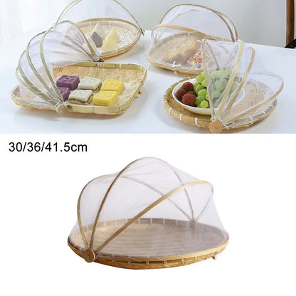 Bamboo Woven Basket with Anti-Mosquito Net – Portable Outdoor Fruit & Vegetable Tray with Mesh Cover