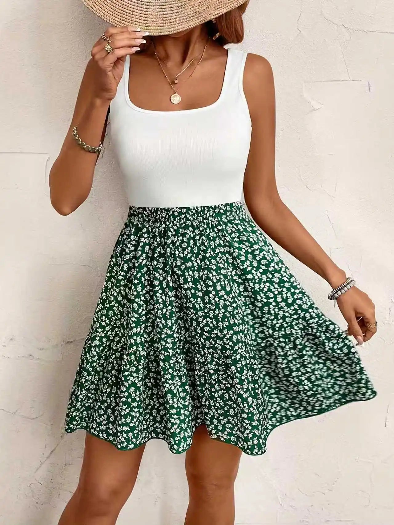 Women’s Summer Printed Vacation Dress – Square Neck Sleeveless Elegant Casual Fashion Sundress