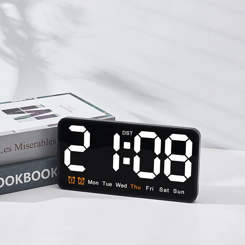 Voice Control Large Digital Wall Clock – LED Display with Temperature, Date, Week, DST, Snooze, Dual Alarm, 12/24H, Wall-Mounted or Table Use