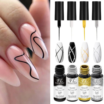 Nail Liner Gel Polish Set - 4-Piece Black, White, Gold & Silver DIY Nail Art Kit