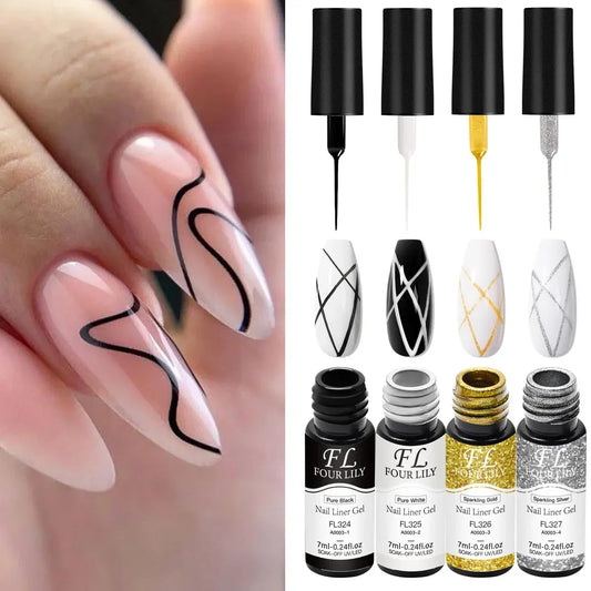 Nail Liner Gel Polish Set - 4-Piece Black, White, Gold & Silver DIY Nail Art Kit