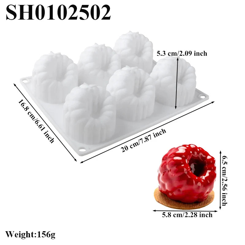 6-Cell Raspberry Silicone Mousse Cake Mold — Food-Grade Baking Tool for Party Desserts and Kitchen Supplies