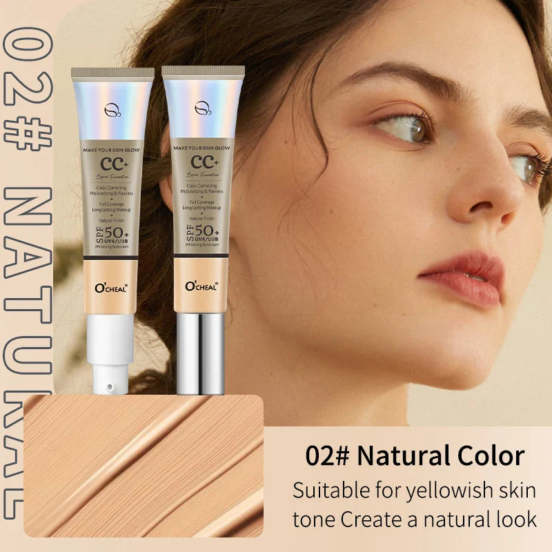 Ocheal 30g CC Cream Foundation – Waterproof Concealer, Moisturizing Sunscreen, SPF 50+, Long-Lasting Brightening Makeup Primer