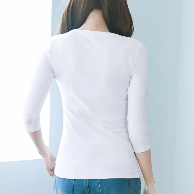 3/4 Sleeve Women’s Cotton T-Shirt - Slim Fit O Neck Casual Spring Summer Top, Stretch Base Shirt in White & Black