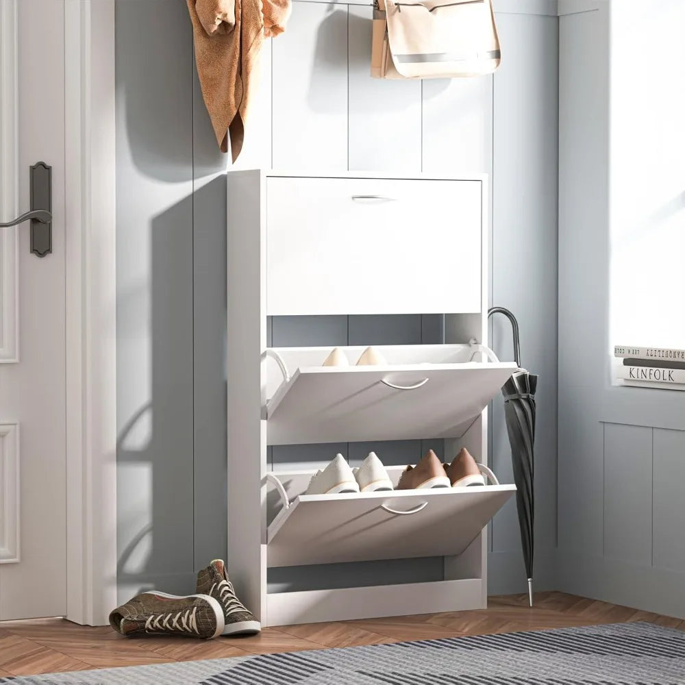 3-Drawer Wooden Shoe Cabinet — Narrow Freestanding Organizer for Entryway & Bedroom, White