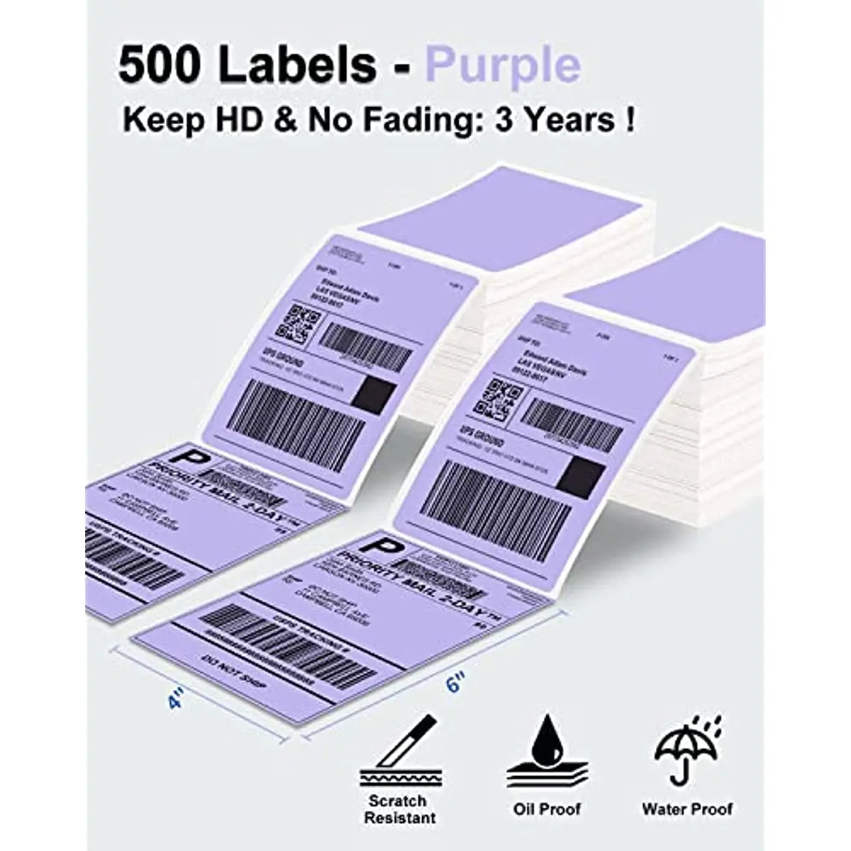 Phomemo 4x6 Thermal Shipping Labels – 500PCS Purple Fanfold Direct Thermal Labels, BPA-Free for Mailing Printer
