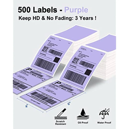 Phomemo 4x6 Thermal Shipping Labels – 500PCS Purple Fanfold Direct Thermal Labels, BPA-Free for Mailing Printer