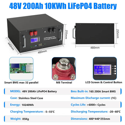 LiFePO4 48V 100Ah/200Ah Lithium Solar Battery Pack – 51.2V 10kW, 6000 Cycles, 16S 200A BMS, Max 32 Parallel for Inverter