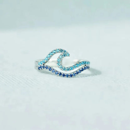 YILUOCD Blue Wave CZ Ring - Adjustable Cubic Zirconia Ocean Inspired Sea Wave Jewelry Gift for Women