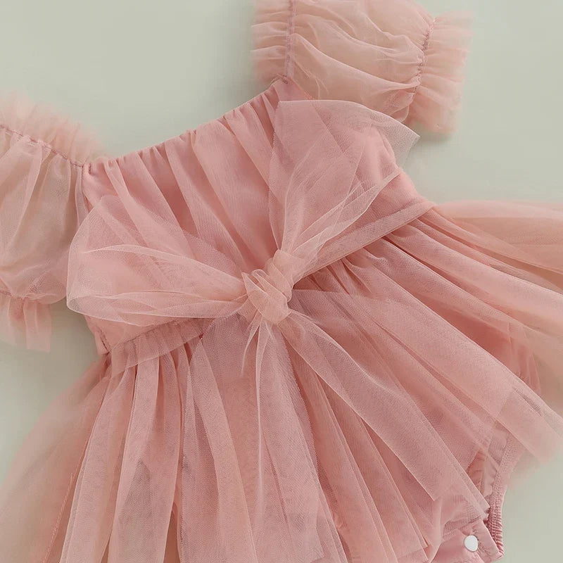 Baby Girl Princess Tulle Romper - Puff Sleeve Birthday Jumpsuit with Headband, 0–24 Months