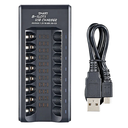 8-Slot Fast USB Rechargeable Battery Charger – AA/AAA NiMH 1.2V with Short Circuit Protection & USB Output