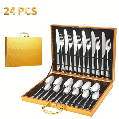24-Piece Stainless Steel Black Flatware Set — Elegant Knife, Fork & Spoon Cutlery with Mirror Polish, Gold Accents, Dishwasher Safe