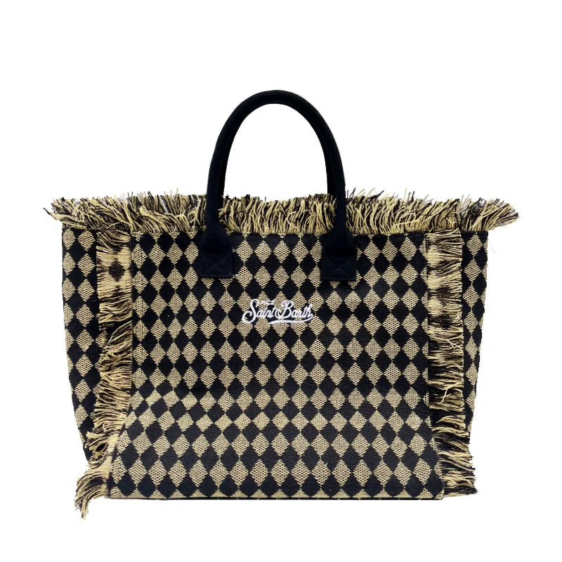 Saint Barth Large Capacity Women's Beach Handbag – European & American Style, Deep Blue Striped Tassel Tote