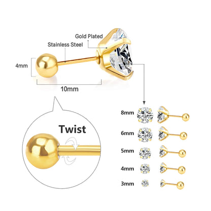 LUXUSTEEL Stainless Steel Crystal Stud Earrings –  4-Prong Cubic Zirconia Round Tragus Earrings for Women & Men