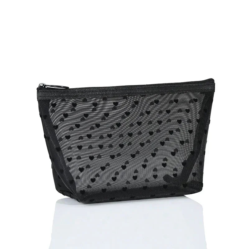 Nylon Mesh Heart-Shaped Cosmetic Bag — Zipper Toiletry & Makeup Organizer Pouch for Women, Multifunctional Lipstick, Key, and Coin Purse