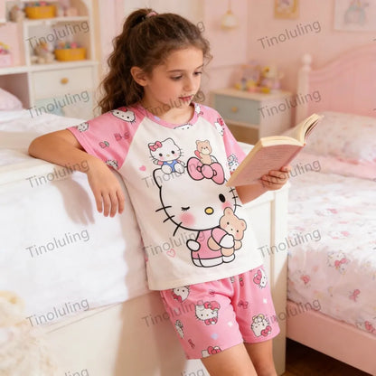 Girls’ Summer Pajama Set – Hello Kitty & Kuromi Tops with Shorts, Sleepwear for Ages 3-12