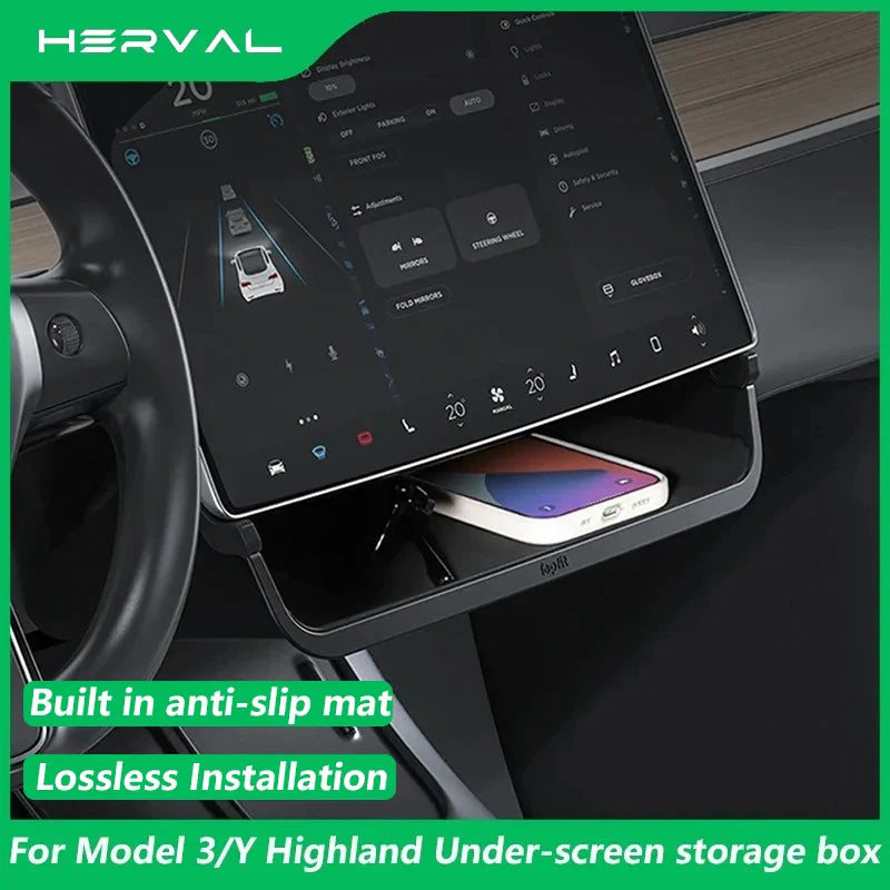 Herval Under-Screen Storage Tray for Tesla Model Y/3 2021-2025 Highland – Hidden Anti-Slip Storage Box