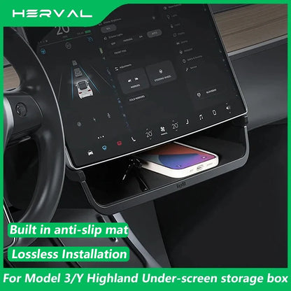 Herval Under-Screen Storage Tray for Tesla Model Y/3 2021-2025 Highland – Hidden Anti-Slip Storage Box