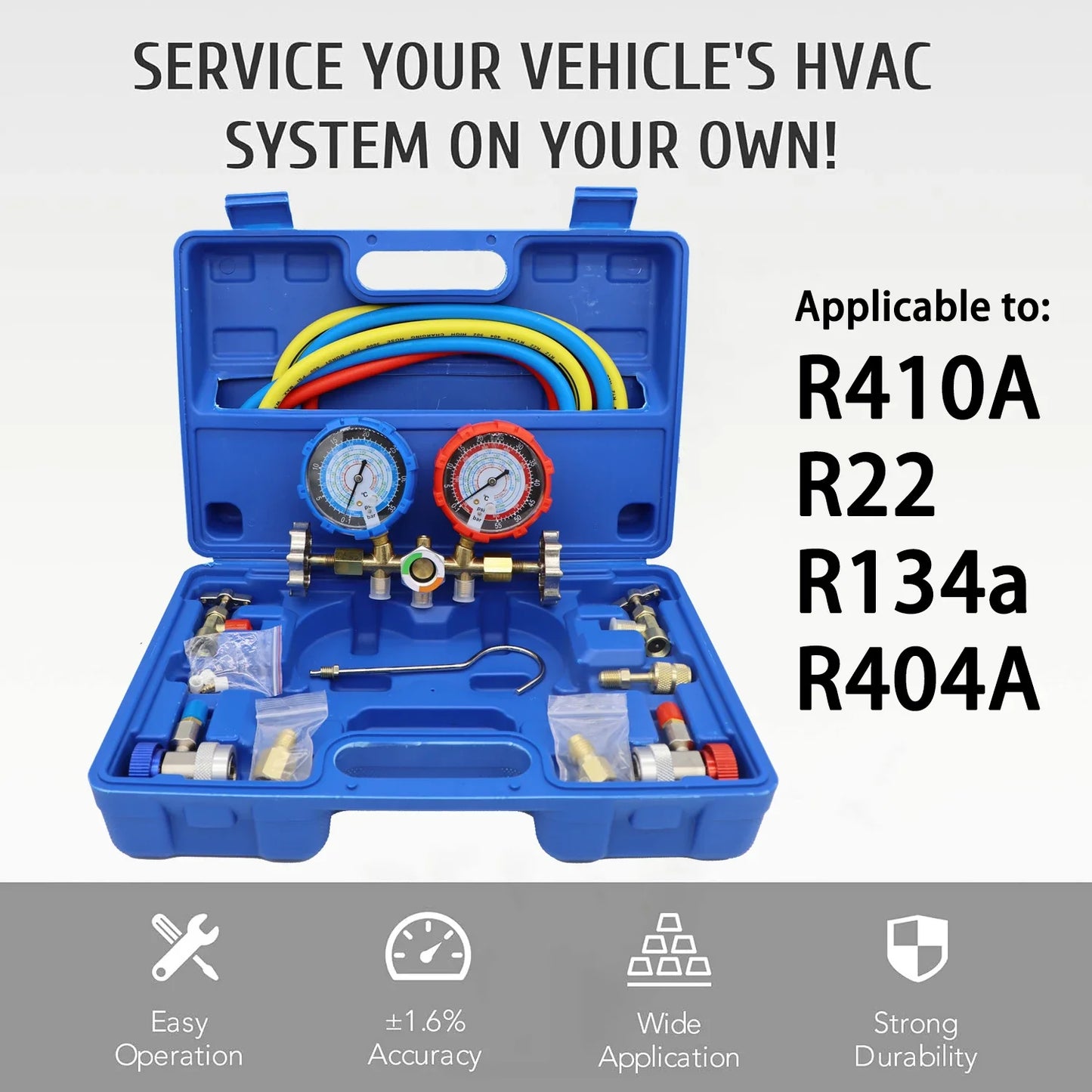 Refrigerant Manifold Gauge Kit - Automotive AC Charging Tool for R410A R22 R134A R404A