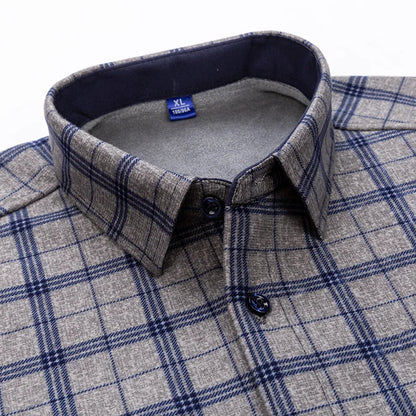 Men’s Fleece Plaid Shirt - Warm Thick Long Sleeve Business Check Shirt with Single Pocket for Autumn & Winter