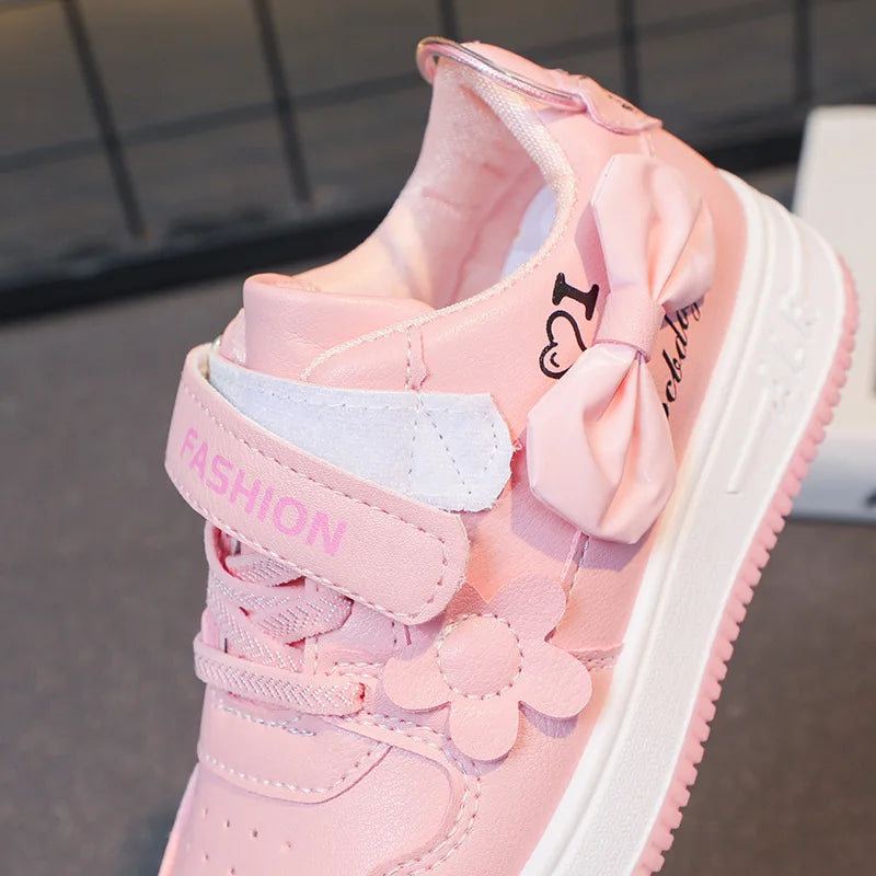 Girls Pink Bow Flower Sneakers - Breathable Non-Slip Casual Sports Shoes for Kids