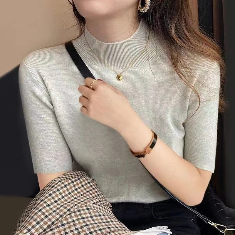 Women's Solid Color Knit Sweater – Stand Collar, Half Sleeve, Slim Fit, Soft High-Elastic Top for Autumn & Spring