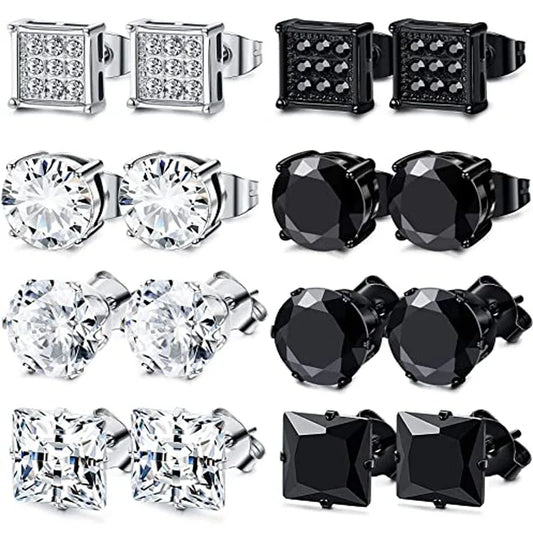 1–8 Pairs Stainless Steel Cubic Zirconia Stud Earrings Set – 6MM Unisex Minimalist Ear Piercing Jewelry for Men & Women