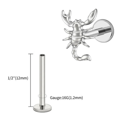 Right Grand ASTM F136 Titanium 16G Scorpion Labret Stud Earring – Flatback Zodiac Design for Tragus, Helix & Cartilage Piercing Body Jewelry