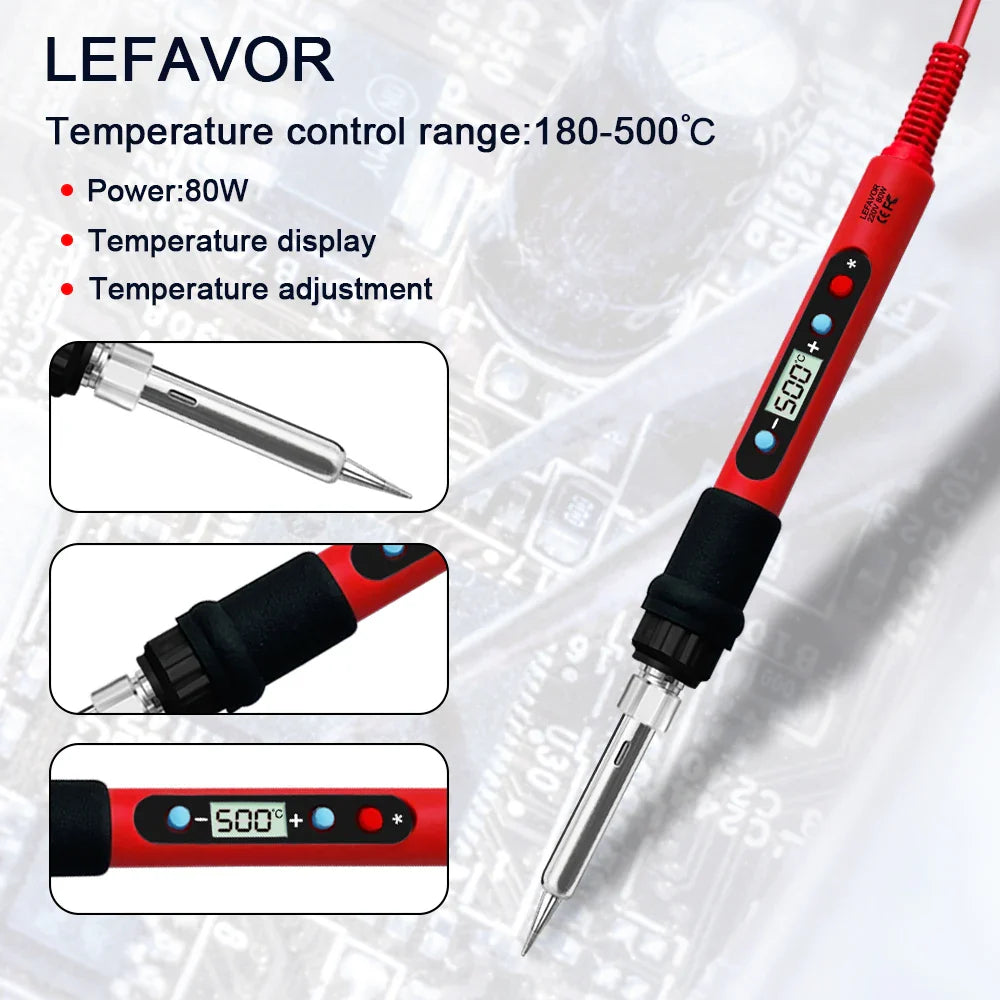 80W Soldering Iron Kit – Adjustable Temperature with LCD, Ceramic Heater, Soldering Tips & Tweezers
