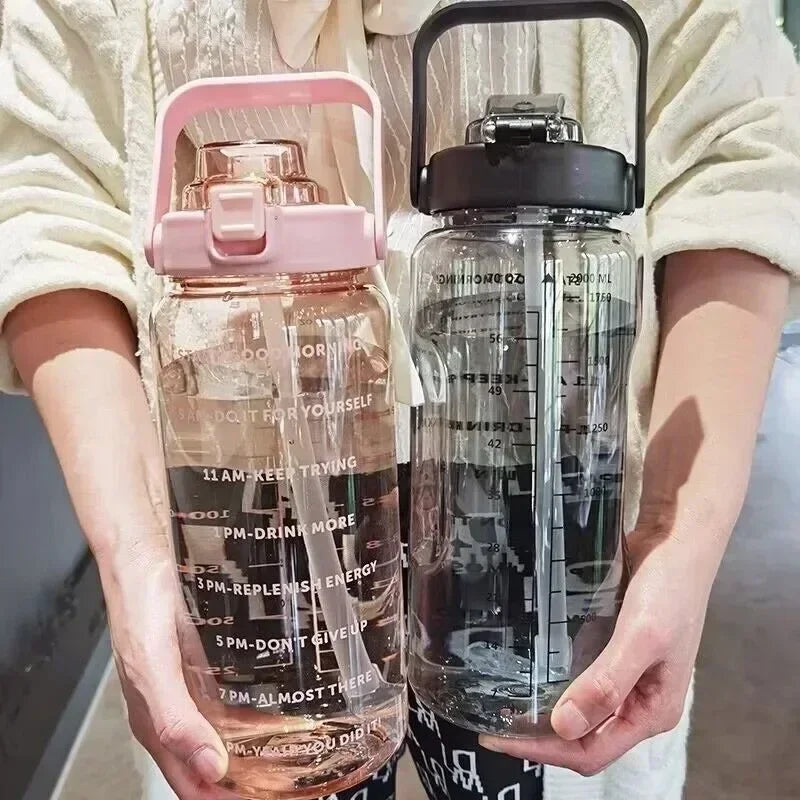 2L Portable Water Bottle - Large Capacity Plastic Drink Cup with Straw and Time Marker for Outdoor Sports and Fitness