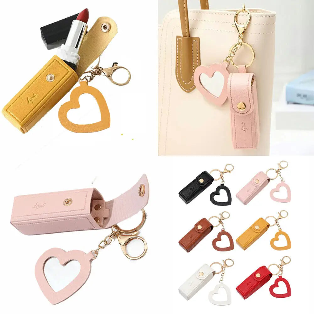 Portable Leather Lipstick Bag – Makeup Pouch with Mirror, Lip Balm Holder & Keychain Cover
