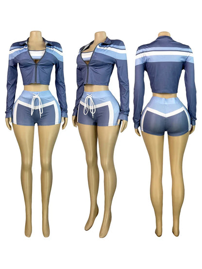 2025 Trending Women’s Summer 3-Piece Tracksuit – Color Block Sports Bra, Jacket & Shorts Gym Workout Set