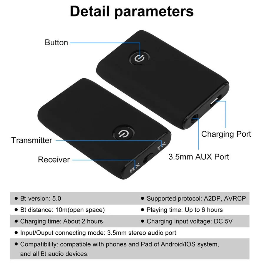 Bluetooth 5.0 Wireless Audio Transmitter & Receiver – Rechargeable 3.5mm AUX HiFi Adapter for TV, PC & Car Speakers