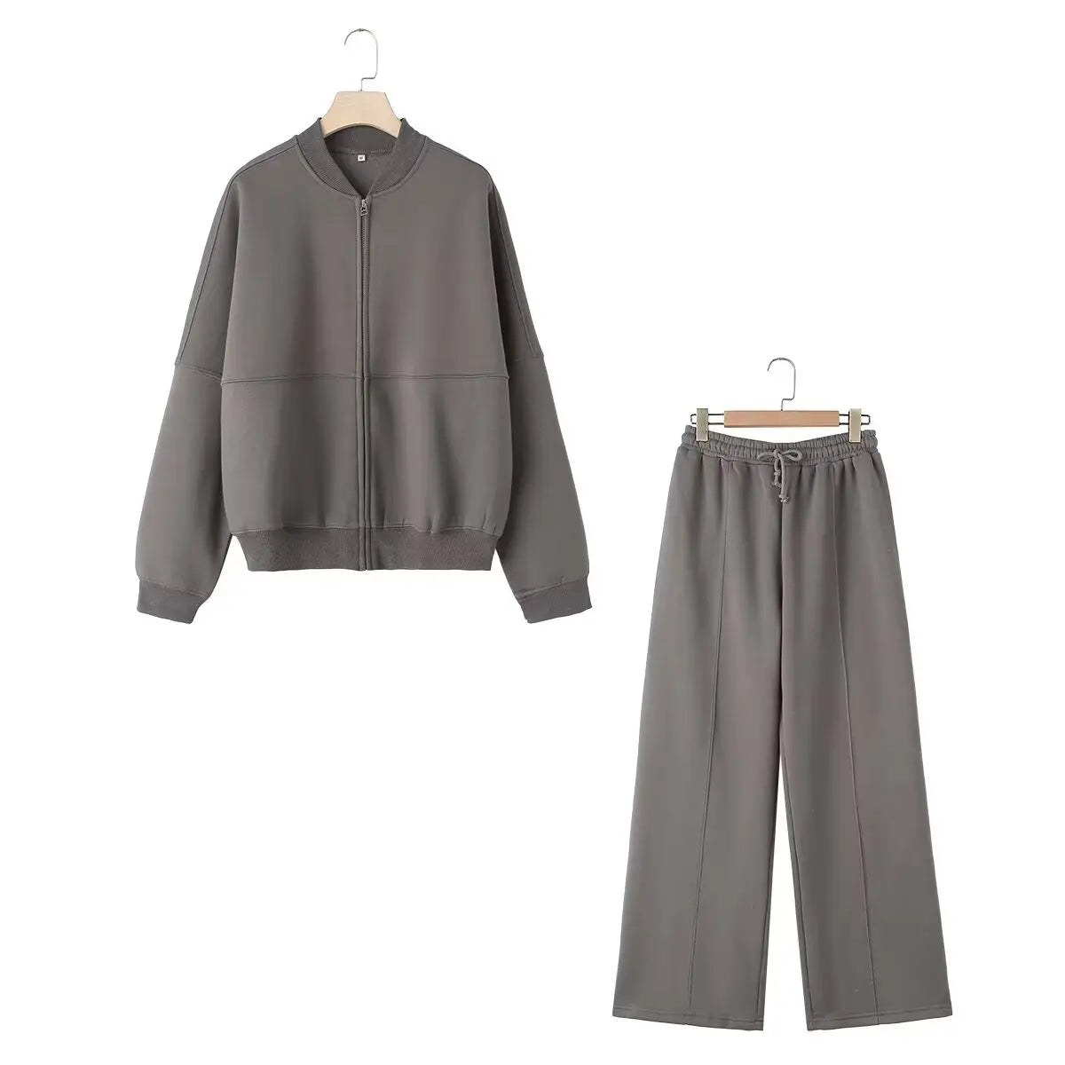 TRAFZA Women’s 2-Piece Retro Set – Solid Zipper Bomber Jacket & High-Waisted Lace-Up Velvet Pants