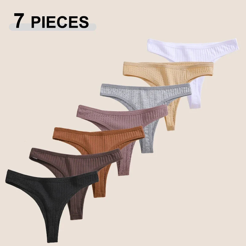 7Pcs Women’s Cotton Thong Set - Seamless Breathable Low Waist Bikini G-String Panties Sexy Lingerie S-XL
