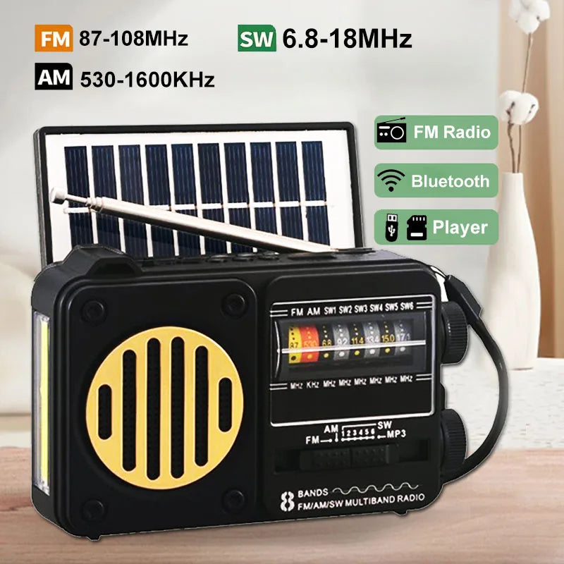 Portable Solar Emergency Radio – FM/AM/SW1-6 Multi-Band Receiver with Bluetooth Speaker, Flashlight, TF Card & USB MP3 Player Outdoor Survival Device