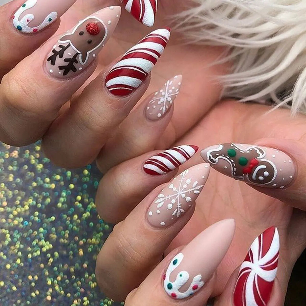Medium Long Christmas Fake Nails – Square & Almond Tips with Tree, Snowflake & Snowman Designs