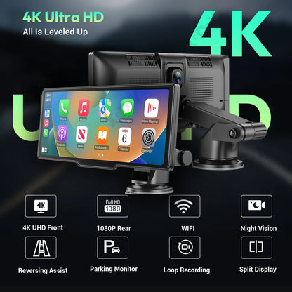 XGODY 10.26" 4K Dash Cam – Wireless CarPlay & Android Auto, Car DVR, GPS, WiFi, Rearview Camera, Dashboard Video Recorder