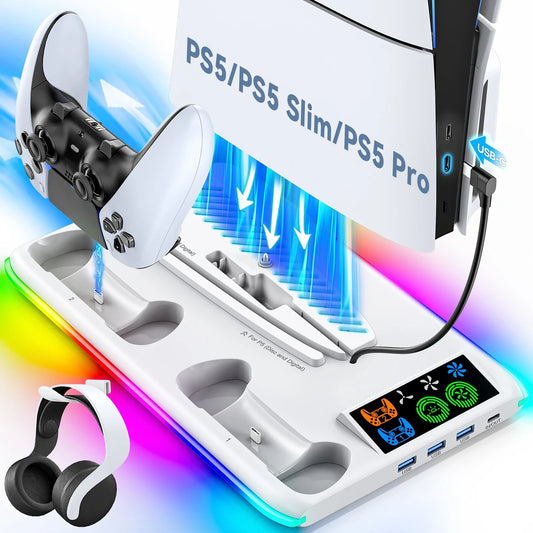 PS5/PS5 Slim/PS5 Pro Stand – Cooling Stand with Headphone Hook, Controller Charging Station & 3-Level Cooling Fan