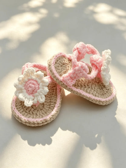 Handmade Crochet Baby Girl Sandals - Pink & Beige Flower Pearl Newborn Booties