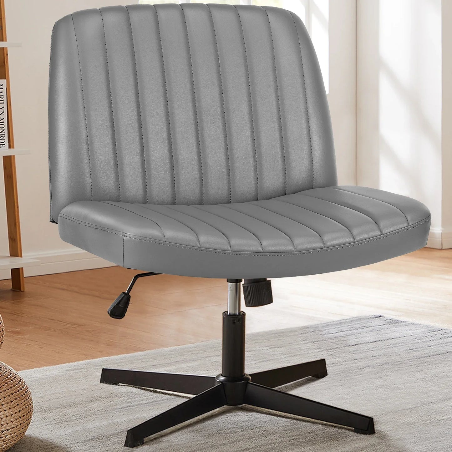 Adjustable Cross Legged Rocking Gaming Chair - Armless Wide Desk Swivel Task Chair for Home Office and Living Room
