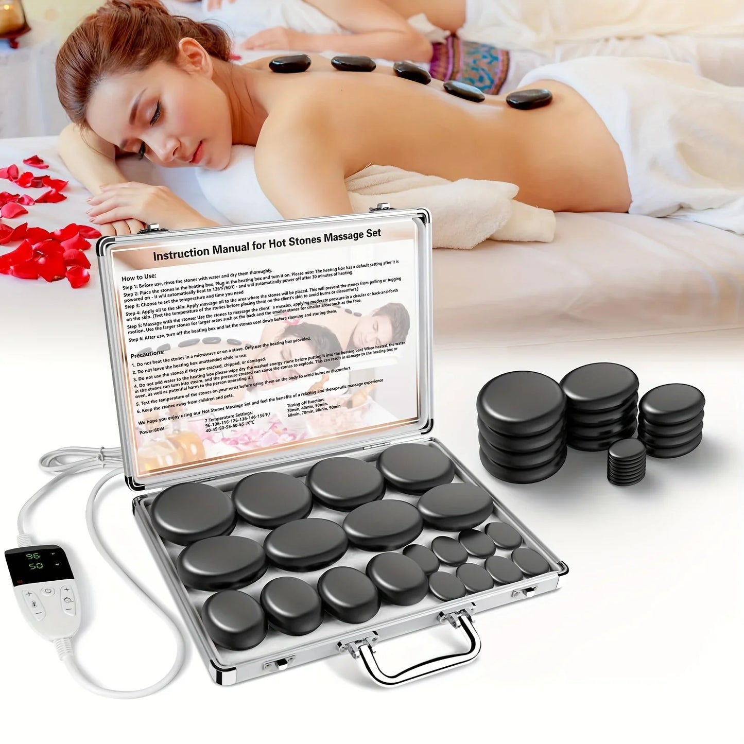 Adjustable Temperature Hot Stone Massage Set with Heater – Professional Spa Tool for Neck and Body Relaxation