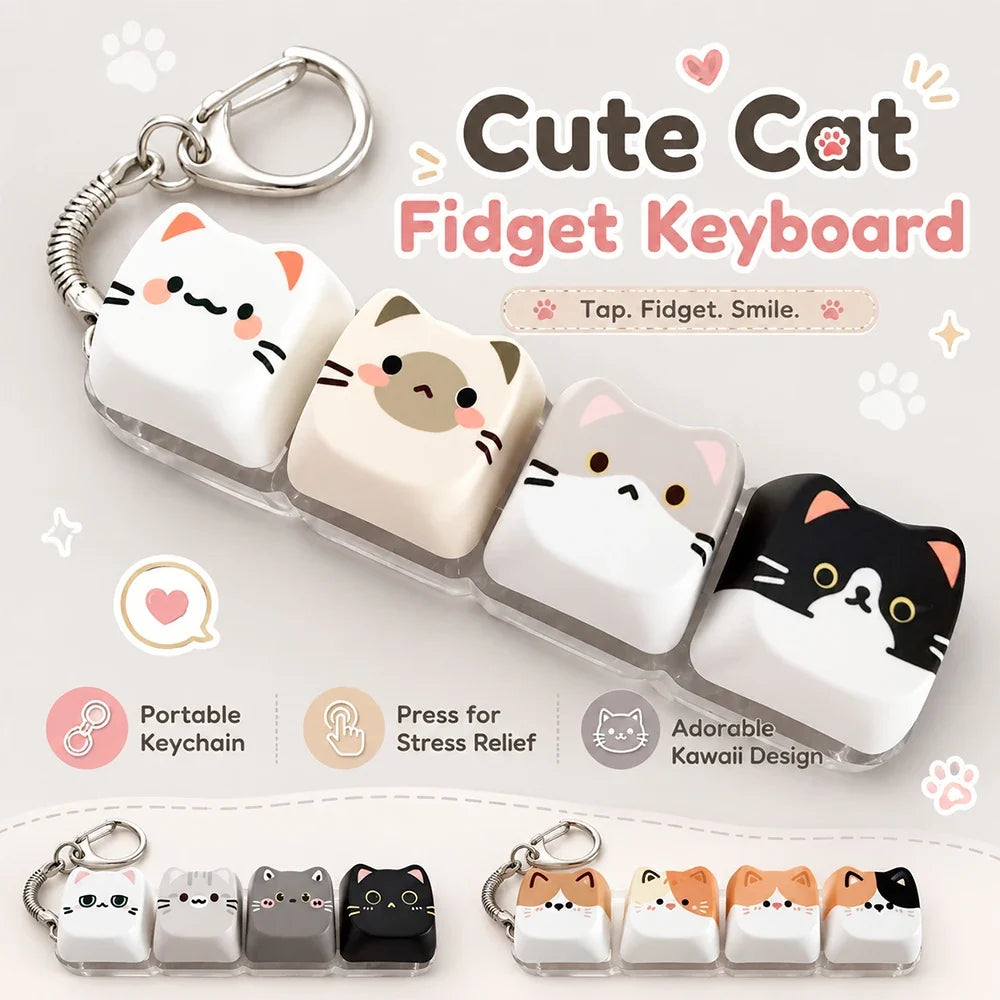 Cute Cat Relax Keycap Fidget Toy - Kawaii 4-Key Keyboard Keychain & Bag Charm Gift
