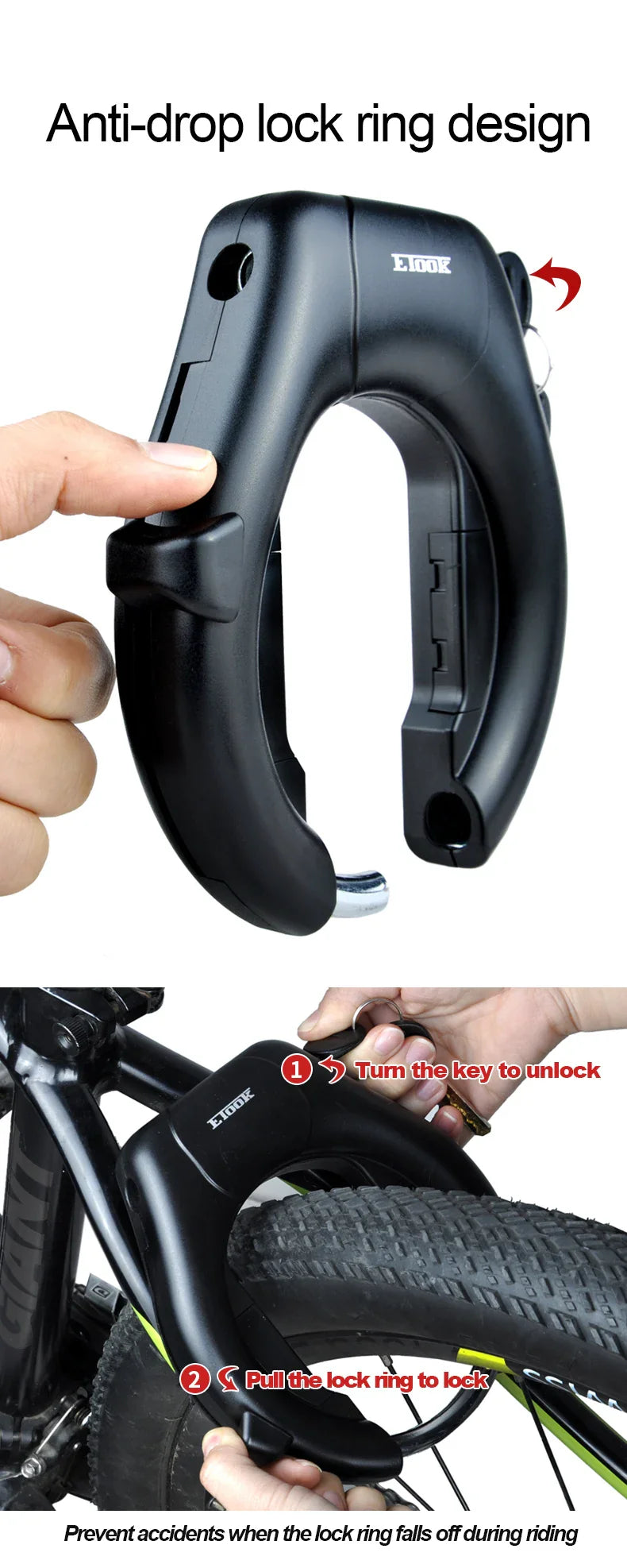 ETOOK Bike Horseshoe Lock - Anti-Theft Hardened Steel Pipe, Portable High Safety Road & Mountain Bicycle Lock