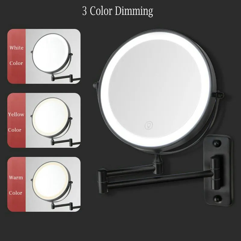 8-Inch Double-Sided LED Makeup Mirror - 10X Magnification, 360° Rotating, Wall Mounted, Foldable Vanity Mirror