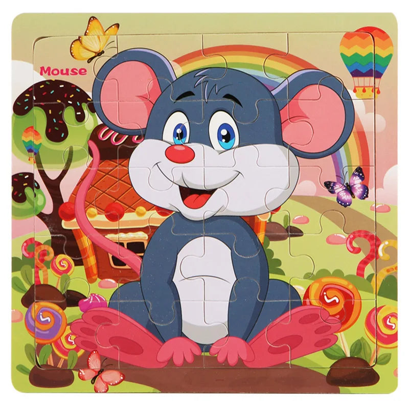 20PCS Wooden 3D Cartoon Animal & Vehicle Puzzle – Montessori Educational Jigsaw Toys for Kids Ages 1–3