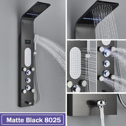 LED Waterfall Shower Panel System - Black In-Wall Rain Shower with Spa Massage Sprayer & Bidet Tap