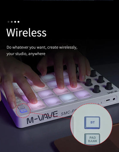 M-Vave SMC-PAD LaunchPad – Portable Wireless MIDI Controller, Rechargeable Battery, 16 RGB Pads