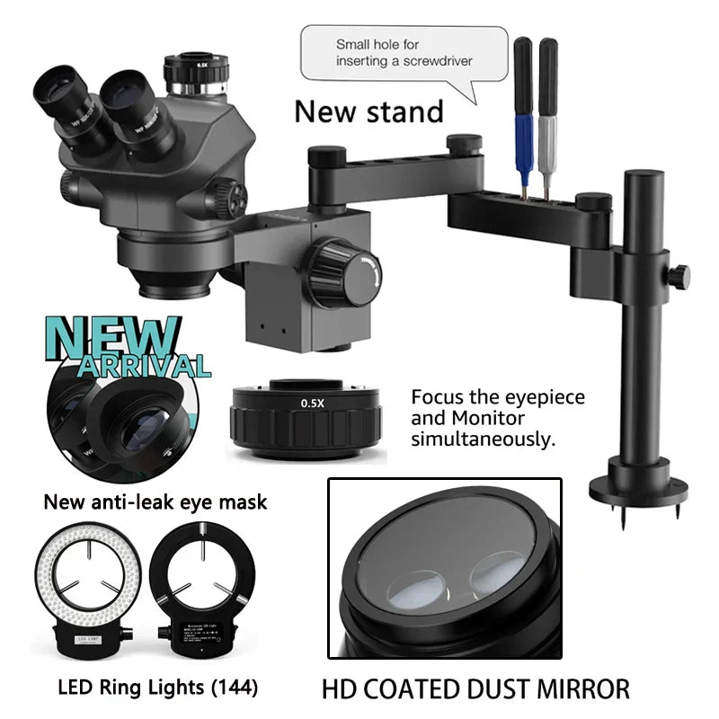 3.5-200X Simul-Focal Stereo Trinocular Microscope Set – 4K/2K/1080P HDMI VGA USB Camera, Clamp & Folding Extension Base
