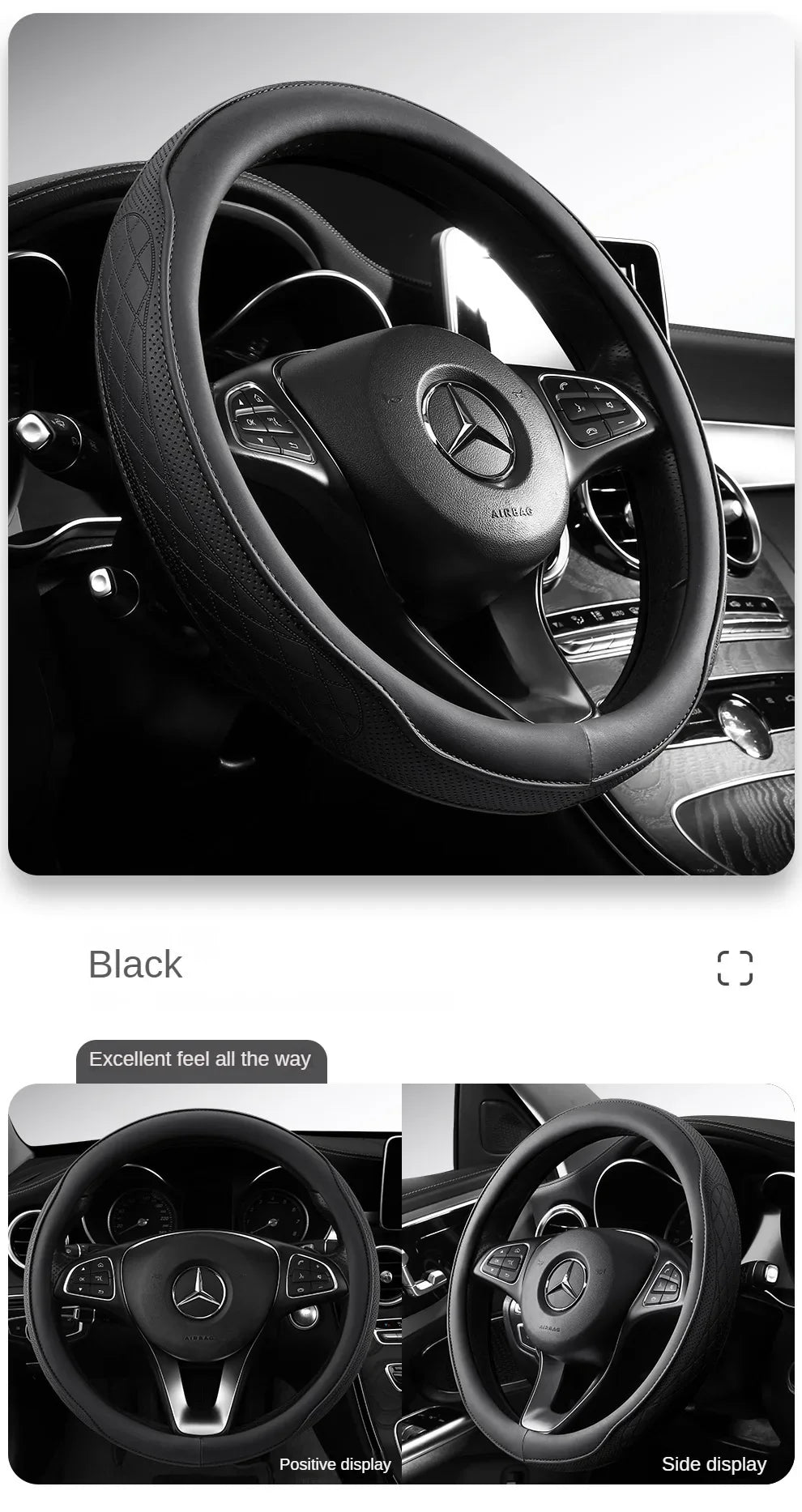 Napa Leather Perforated Patchwork Steering Wheel Cover - Non-slip & Breathable, Universal 15 Inch (38cm)